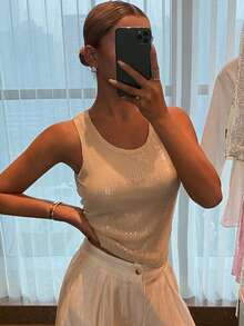 Livesso 女款亮片修身百搭日常休閒上衣 - 杏色 - 查看 3