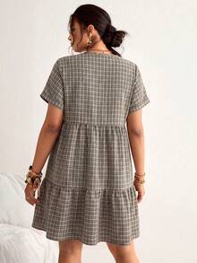Freevana Plus Size Plaid Batwing Sleeve Ruffle Hem Loose Dress, Beach Vacation Bohemian Style - Black - View 2