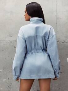 Denimoi Women's Drop Shoulder Long Sleeve Single-Breasted Casual Denim Jacket - Light Wash - View 4