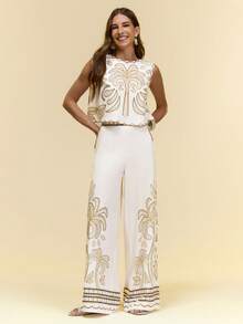 CAJUNI x Carol Peixinho Beige Woven Fabric Round Neck Sleeveless Crop Top With Intricate Print For Women - Beige - View 5
