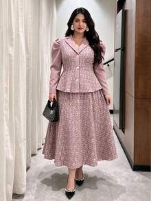 Modelyn Plus Size Elegant Commuter Jacquard Patchwork Shirt & Skirt 2 Pieces Set - Dusty Pink - View 4
