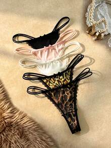Bare Chapter Comfortable Leopard Print Lace Trim Thong 5-Pack - Multicolor - View 1