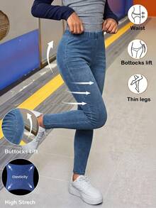Girls' Blue Knitted Denim Fleece Lined Stretch Skinny Pants, Autumn/Winter - Blue - View 1