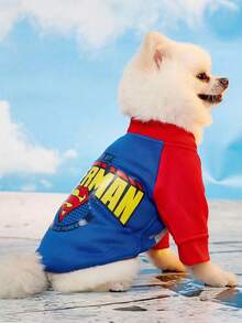 SUPERMAN X PETSIN 1件配色拼接插肩袖圖案寵物運動衫，時尚舒適，透氣面料，尺碼準確，適合貓咪和小狗，適合日常穿著、可愛出遊或居家時尚慵懶穿搭 - 藍色 - 查看 7