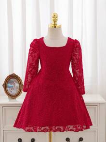 SHEIN Elladie kids 優雅紅色蕾絲公主禮服，甜美方領泡泡長袖A字長裙，適合聖誕新年節日派對 - 紅色 - 查看 5