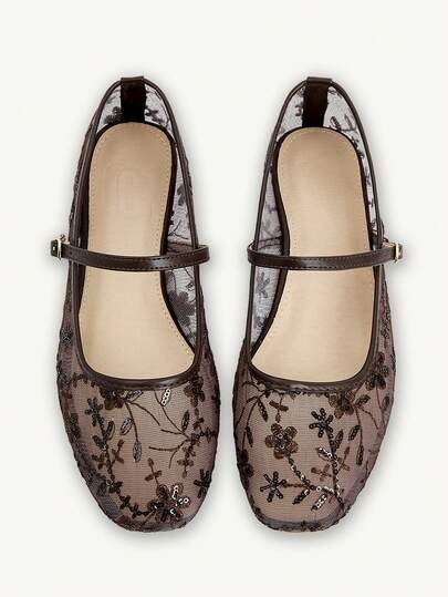 CUCCOO CHICEST New Square Toe Flat Bottom Brown Mesh Embroidered Women's Flat Bottom Shoes Fashionable, Elegant And Comfortable Breathable Mary Jane Flat Bottom Fall Shoes