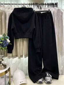 Resyla New Women's Casual Loose High Waist Cropped Sweatshirt Wide Leg Pants Zipper Drawstring Sweatshirt Sports Two Pieces Set - Black - View 2