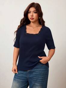 Enliva Kaos Wanita Ukuran Besar, Elastisitas Tinggi, Potongan Slim Fit, Lengan Pendek, Leher Persegi, Ramah Kulit, Gaya Musim Semi/Panas, Detail Renda di Garis Leher - Navy Blue - View 8