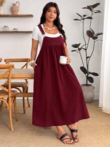 Enliva Plus Size Women's Solid Color Pleated Loose Strap Dress - Burgundy - View 7