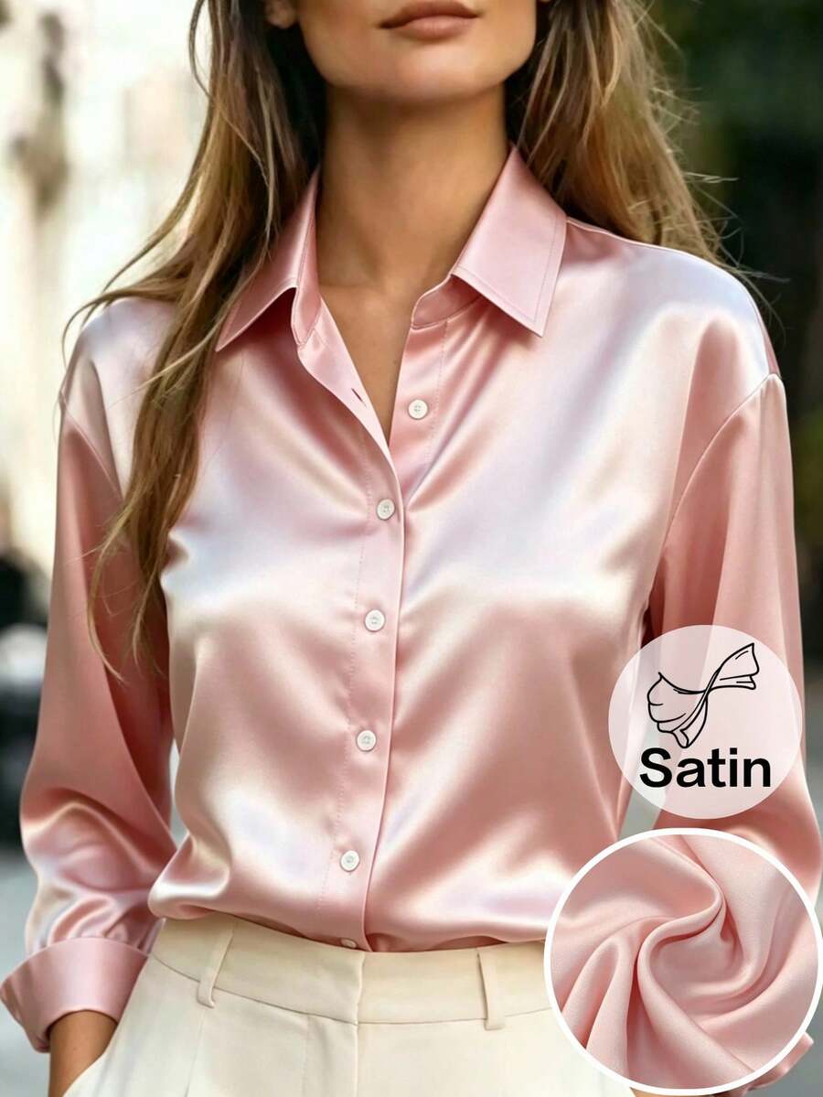 Trelyra Women's Solid Color Single-Breasted Casual Versatile Everyday Shirt - Pink - View 1