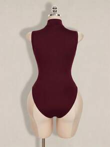 SHEIN ICON Women's Plus Size Hollow Out Solid Color Sexy Bodysuit Fall - Burgundy - View 2