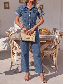 EMERY ROSE Jumpsuit Denim Kasual Wanita dengan Saku untuk Pemakaian Sehari-hari - Biru - View 5