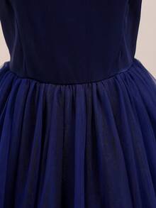 Teen Girl Solid Color Open Shoulder Contrast Mesh Hem Elegant Formal Dress Navy Blue Summer - Royal Blue - View 4