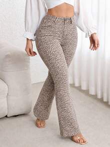 Flexra Plus Size Leopard Print High Waist Slimming Flare Leg Jeans - Multicolor - View 7
