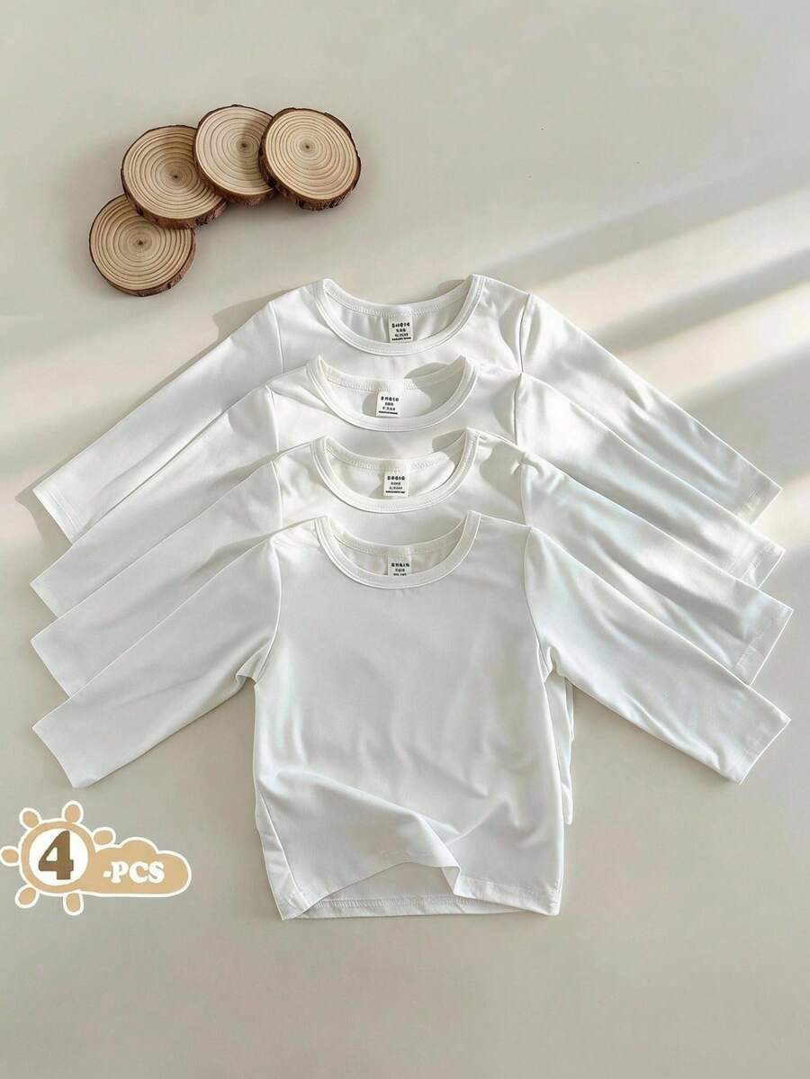 SHEIN Vintaside Kids 4件組男嬰白色圓領長袖T恤套裝,秋冬基礎款休閒軟挺舒適百搭春季上衣 - 白色 - 查看 1