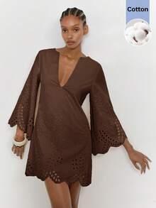 Maija Women's Casual Boho Hollow Embroidery Notched Collar Short Dress Vacation Brown Autumn - Brown - View 4