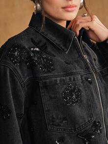 Anewsta Women's New Fashion Glamorous Sparkling Rhinestone Black Jeans Jacket - Black - View 2
