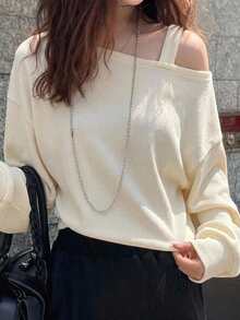 Dazy Kids Teen Girl Autumn Casual Solid Color Asymmetric Collar T-Shirt - Apricot - View 7
