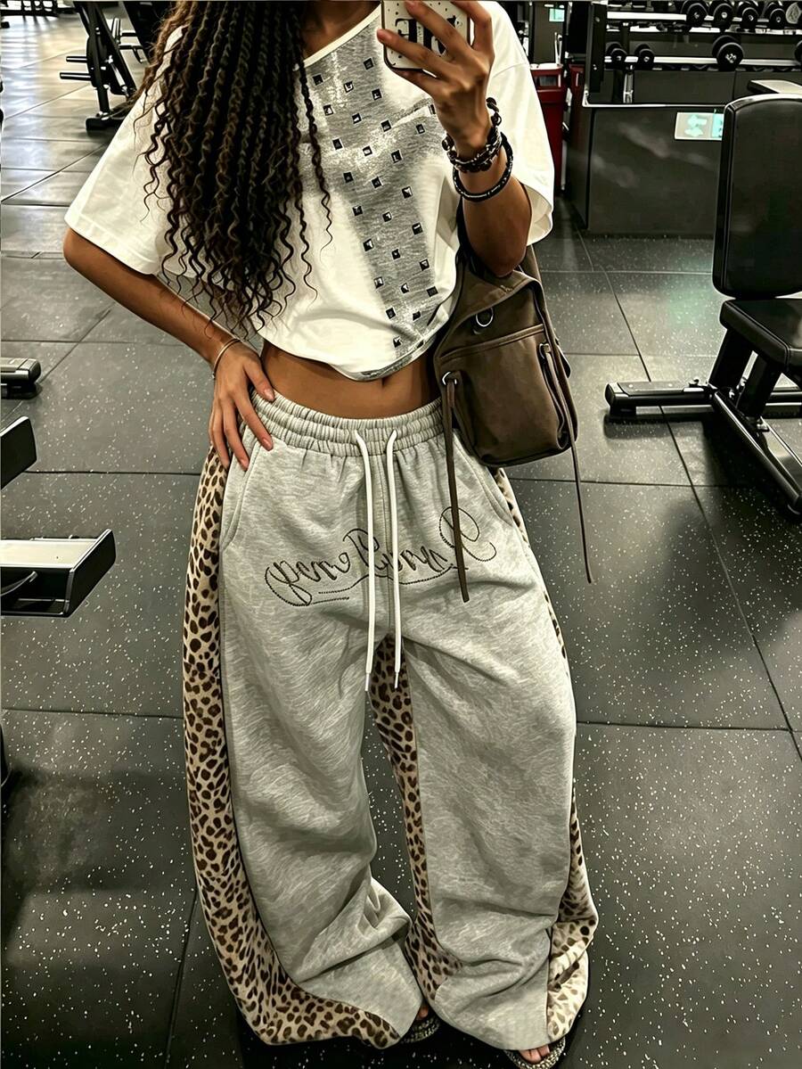 Rovax Women Grey Leopard Contrast Panel Letter Print Drawstring Wide Leg Sweatpants, Spring Autumn Y2K Street Casual Style, Daily Sports Vacation Loose Tr - Multicolor - View 1