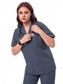 TaskEZ Dark Gray Drop Shoulder Short Sleeve Front Pocket V-Neck Loose Minimalist Comfortable Plus Size Scrub Top - Grey - View 7