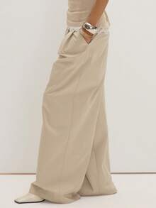 MUSEYN Beige Woven Loose Fitting Oversized Wide Leg Belt Loop Detail Suit Trousers Structured Tailored Everyday Office Fall New Season - Light Grey - View 3