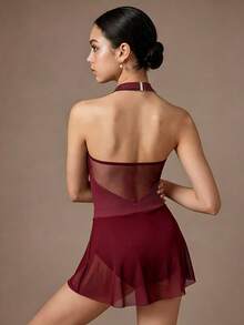 SHEIN 2pcs/Set Girls Ballet Performance Costume, Elegant Stand Collar Jumpsuit With Tulle Skirt, Suitable For School Performance, Dance Training, Competition, All Seasons, Back To School College - Burgundy - View 3