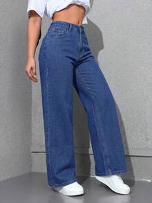 SHEIN Unity 女款大尺碼牛仔女郎春季黑色無彈力修身直筒長褲 春季女裝套裝 - 中等水洗藍 - 查看 3