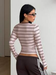 Coolane 女款秋季休閒外出極簡日常穿著可愛居家服套裝 V領粉色條紋修身T恤，度假穿搭 - 粉色 - 查看 6