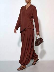 Zivah Elegant Chinese Style Long Sleeve Top With Frog Button Design + Lantern Pants 2 Pieces Set - Brown - View 8