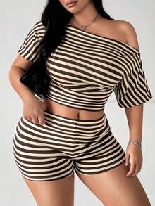 SHEIN SXY 兩件套:米色印花彈性針織不對稱領口短袖修身百褶上衣與高腰修身短褲,適合早午餐正式場合夏季穿著 - 彩色 - 查看 6