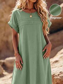 SHEIN LUNE Women Plus Size Solid Color Lace Hollow Out Sleeveless Dress - Olive Green - View 1