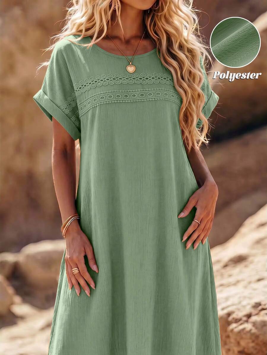 SHEIN LUNE Women Plus Size Solid Color Lace Hollow Out Sleeveless Dress - Olive Green - View 1