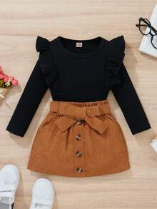 SHEIN Baby Girl Ruffle Trim Tee & Corduroy Belted Skirt - Multicolor - View 3