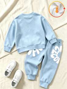 SHEIN 1 Random Set,Baby Boy Blue Letter Print Round Neck Long Sleeve Sweatshirt And Sweatpants Set Fall Autumn Back To School Rib-Knit Outfits - Multicolor - View 8