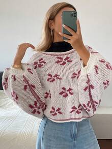 DAZY Women's Floral Jacquard Loose Lantern Sleeve Boat Neck Casual Vacation Spring Autumn Pullover Knit Sweater - Pink - View 4