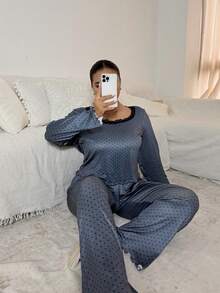Dream Adore Plus Size Casual Polka Dot Set, Square Neck Lace Patchwork Trim, Ruffle Hem Long Sleeve Long Pants Loungewear, Comfortable Home Sleepwear Set - Dark Grey - View 5