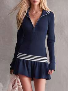 SHEIN Women's Striped Long Sleeve Ruffle Hem Zipper Half-Placket Knit Dress - Navy Blue - View 1