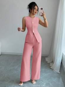 SHEIN Raffinéa 女款法式優雅度假休閒通勤金色花朵鈕扣套裝 - 粉色 - 查看 1