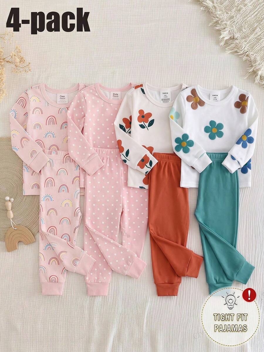 SHEIN 女嬰可愛休閒針織花卉圖案修身居家服套裝,厚實刷毛布料 4 件套,適合秋冬穿著 - 彩色 - 查看 1
