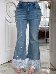 Dazy Plus Slim Fit Sexy Flare Leg Casual Long Pants Lace Trim Patchwork Denim Jeans All Season Fall - Medium Wash - View 6