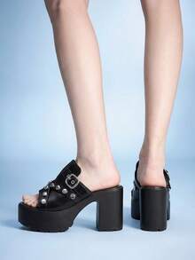 Sugerpunk Women's Punk Style Buckle Pattern Bump Nail Slip-On Design Platform Fashion High-Heeled Sandals - Black - View 8