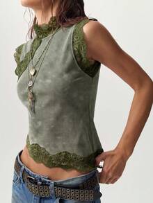 Bohemela Tank Top Rajut Kasual dengan Detail Renda Kontras untuk Wanita - Hijau Tentara - View 11