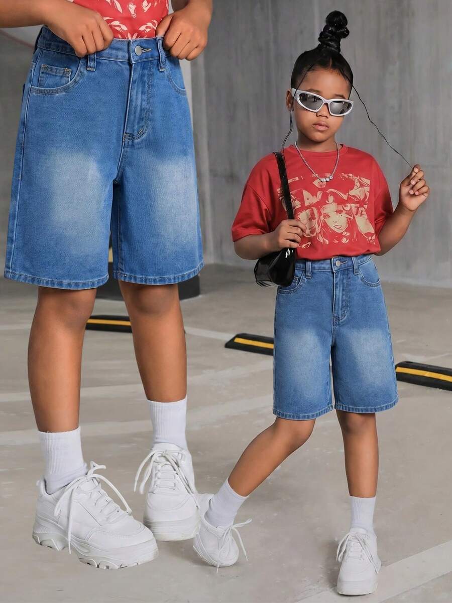 SHEIN Tween Girl Pocket Button Casual Versatile Daily Outing Denim Shorts - Medium Wash - View 1