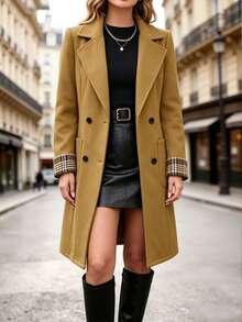 Velvienne Autumn/Winter Black Plaid Double-Breasted Wool Blazer With Classic Notch Lapel, Folded Cuffs, Patchwork Sleeve Design, Plus Size Formal Elegant - Khaki - View 5