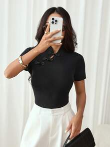 SHEIN PETITE Chinese Style Elegant Fashion Knitted Women's Top, Frog Button Decor, Versatile Black Summer Style - Black - View 5