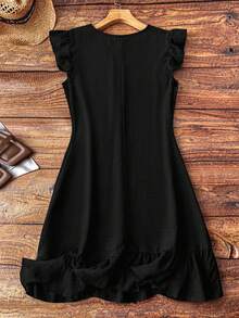 Linhara Plus Size Women V-Neck Denim Effect Cap Sleeve Dress Fall - Black - View 2