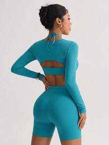 Gameset SHEIN Sport Women's Bra Tank Top Shorts Sports Sporty Sexy Set Gym Workout Teal Summer - Aqua Blue - View 2