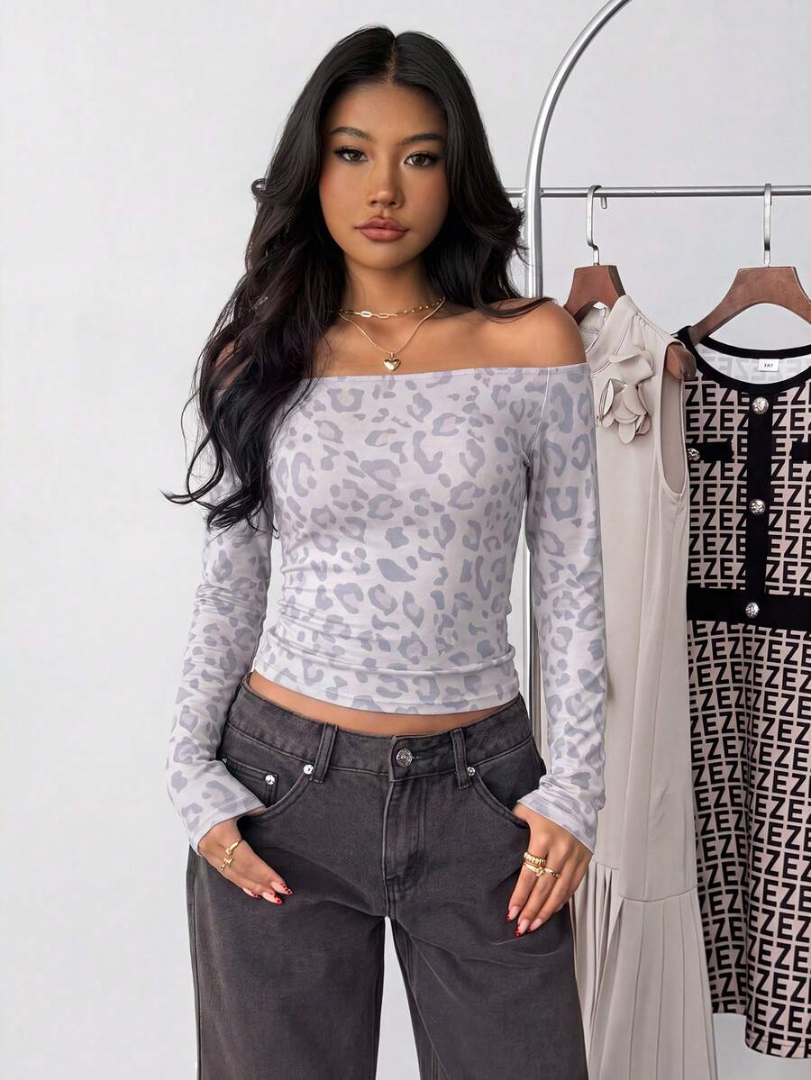 Black Off Shoulder Fitted Casual Long Sleeve Basic Base Layer T-Shirt Leopard Print - Multicolor - View 1