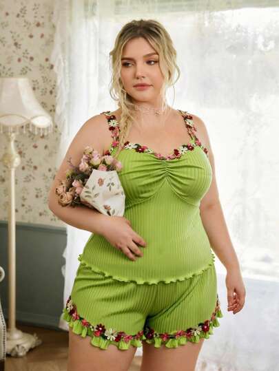 CottageSlumber Floral Decor 3D Embellished Ribbed Camisole + Ruffle Hem Plus Size Shorts Loungewear Set