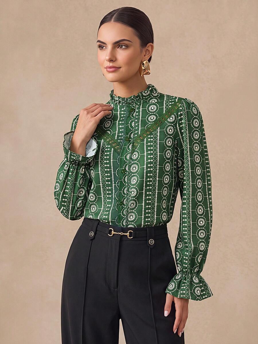 Almamuse Women's Fresh Printed Lace Patchwork Blouse Fall Cloth For Women - Green - View 1